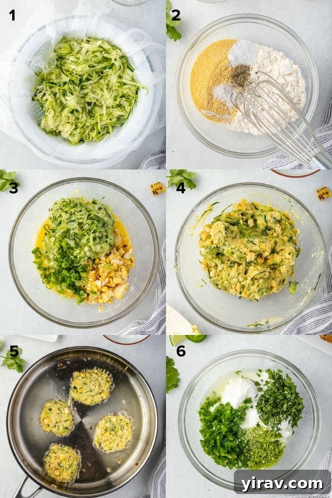 Collage showing steps to make zucchini and corn fritters: grating zucchini, squeezing out liquid, mixing ingredients, and frying.
