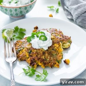 zucchini fritters on a plate topped with yogurt