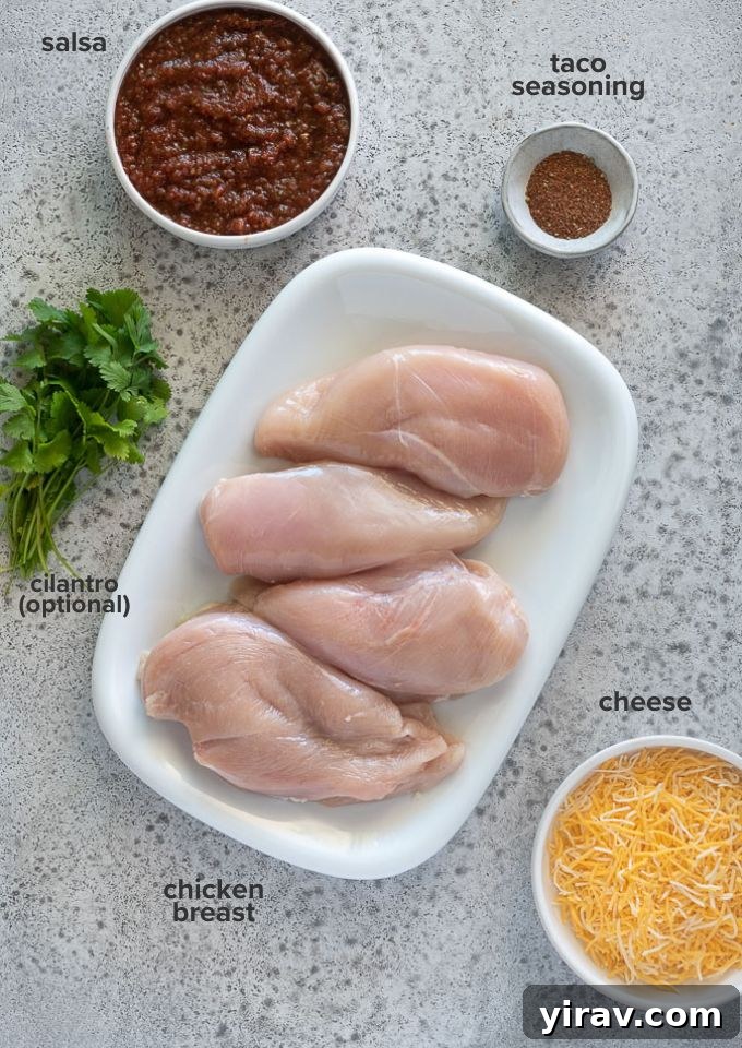 Zesty Baked Salsa Chicken 4 All ingredients for baked salsa chicken laid out on a board