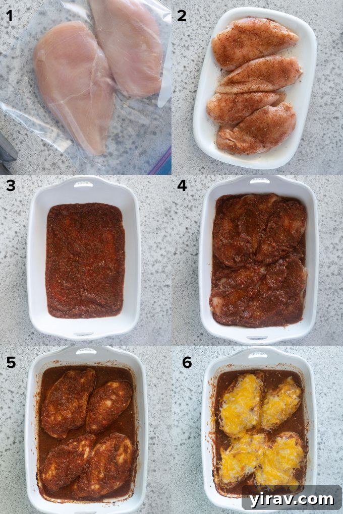 Zesty Baked Salsa Chicken 5 Step-by-step images showing how to prepare baked salsa chicken