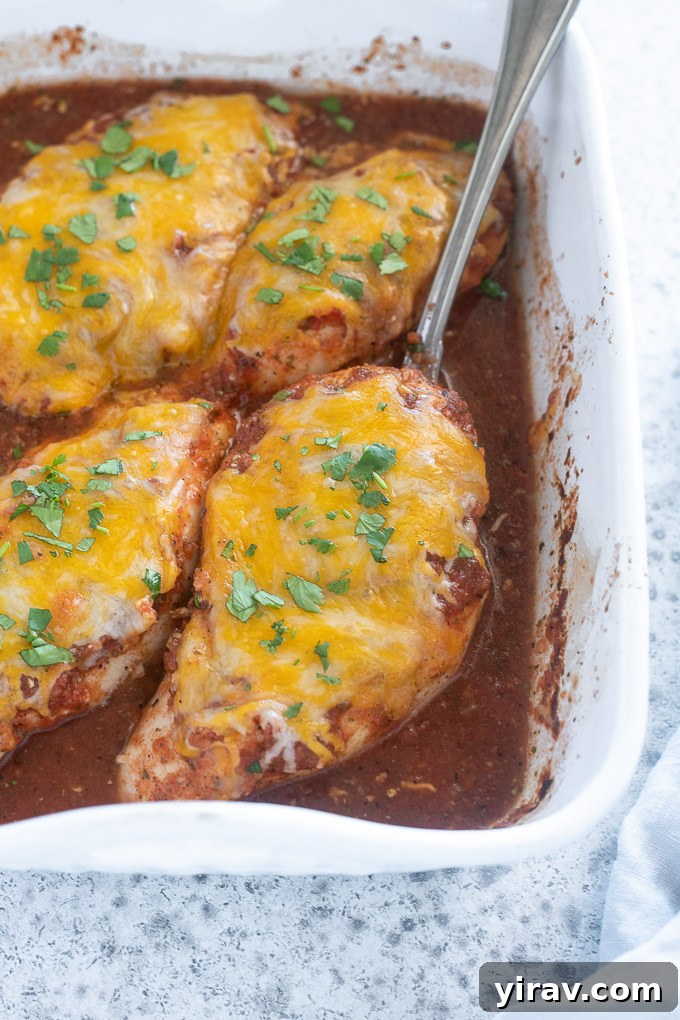 Zesty Baked Salsa Chicken 6 Spoon scooping a piece of baked salsa chicken out of the pan