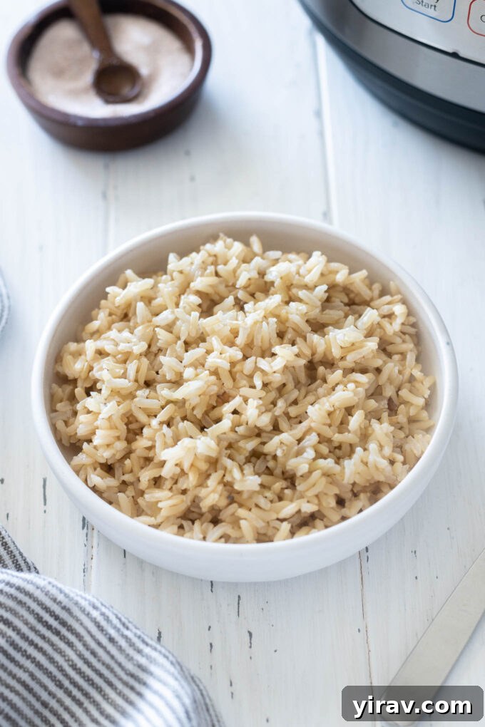 Instant pot brown rice in a white bowl