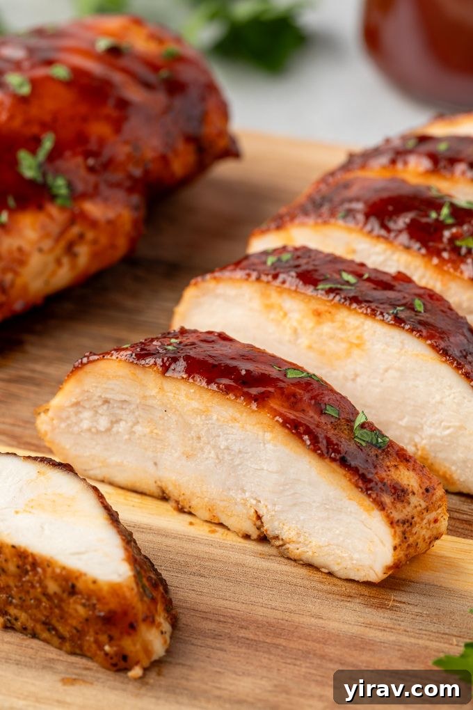 Air fryer bbq chicken breast sliced on a cutting board