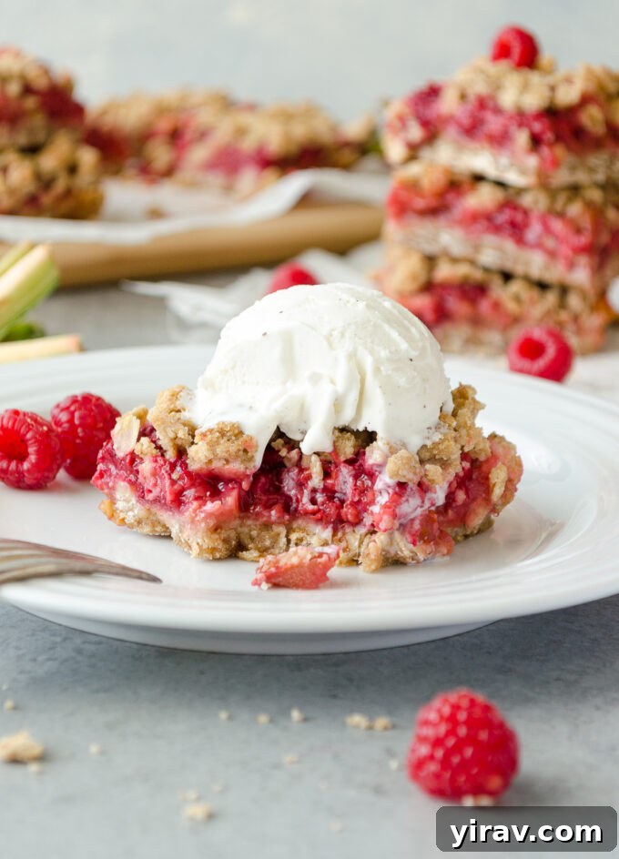 Sweet-Tart Raspberry Rhubarb Bars 5 A single raspberry rhubarb crumble bar with a scoop of vanilla ice cream on top.