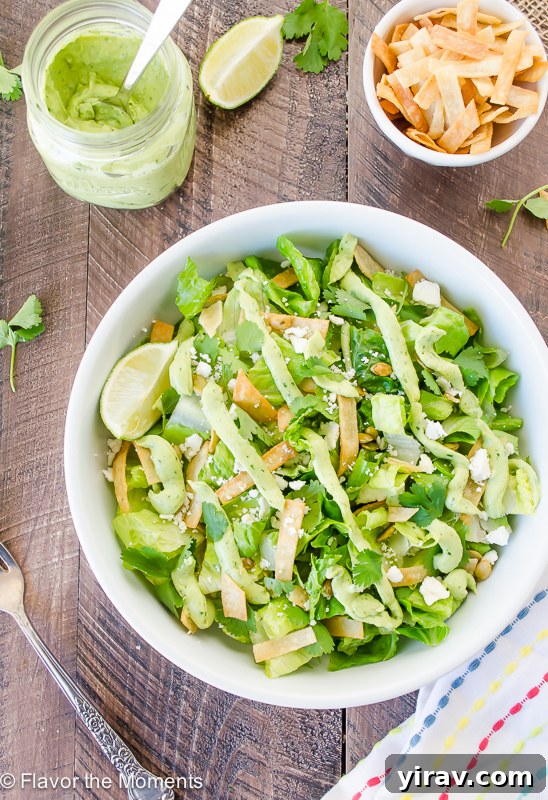 Overhead shot of a vibrant Mexican Caesar Salad with crisp romaine, pepitas, tortilla strips, cotija cheese, and creamy avocado dressing.