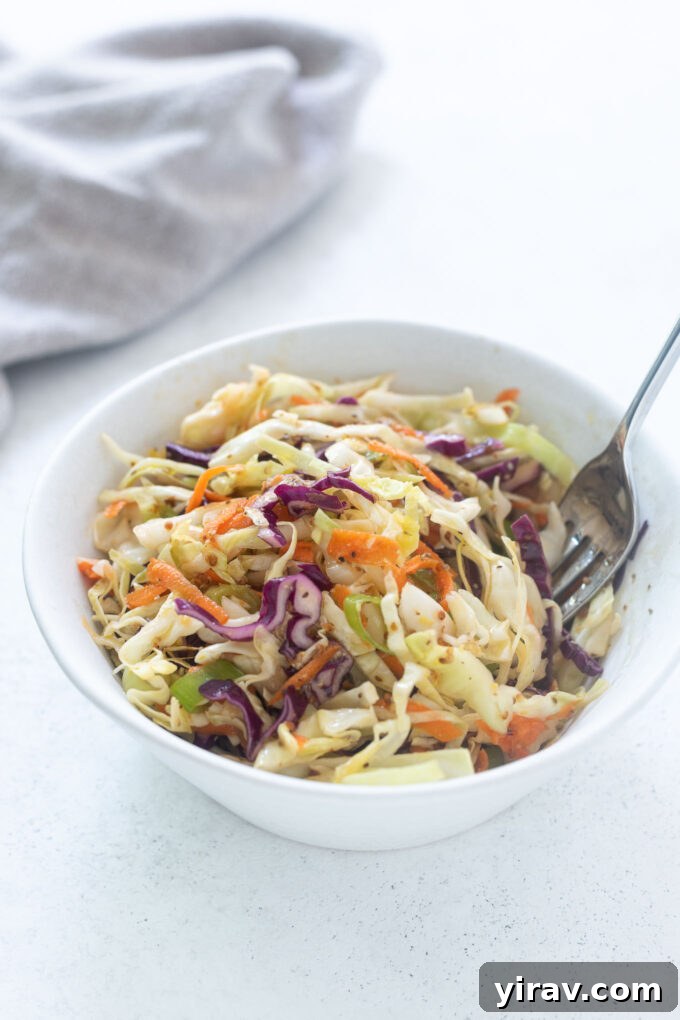 Tangy Vinegar Coleslaw 2 Vinegar coleslaw in a bowl with a fork digging in, showcasing vibrant colors and crisp texture