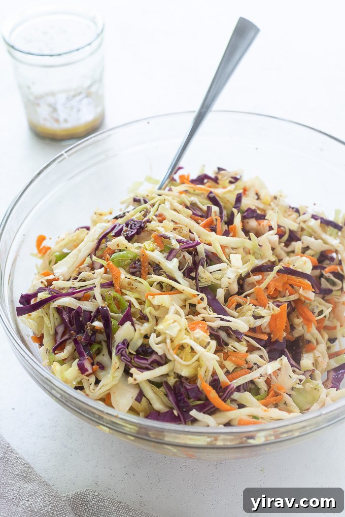 Tangy Vinegar Coleslaw 3 Vinegar Coleslaw in a glass bowl with a serving spoon, ready to be enjoyed