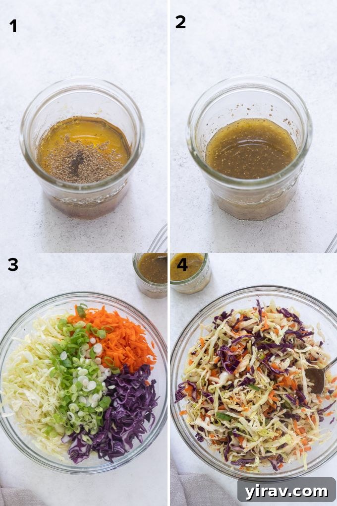 Tangy Vinegar Coleslaw 5 Step-by-step image showing how to make no mayo coleslaw, with vegetables in a bowl and dressing in a jar