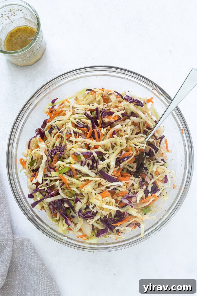 Tangy Vinegar Coleslaw 6 No mayo coleslaw dressing in a glass bowl, showcasing its vibrant texture and ingredients