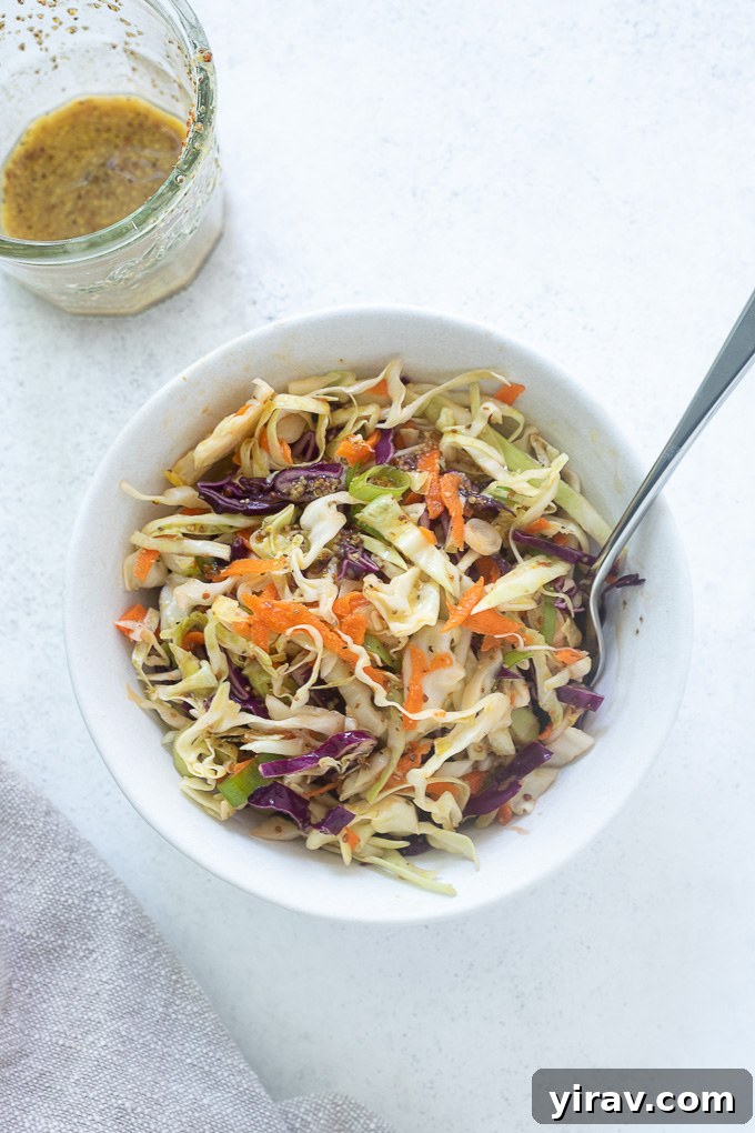 Tangy Vinegar Coleslaw 7 No Mayo Coleslaw in a white bowl with a fork, showing its fresh ingredients