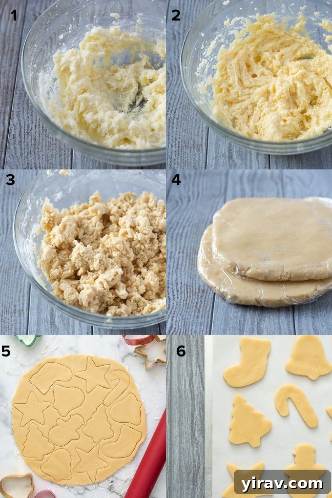 Step-by-step process of making Christmas cut out sugar cookies, showing dough being rolled and cut.