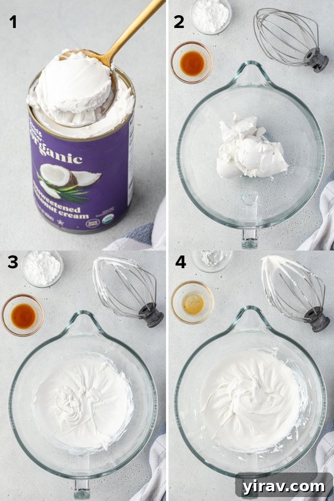 A visual guide demonstrating the process of making coconut whipped cream, showing the steps from chilling to whipping in a mixer.
