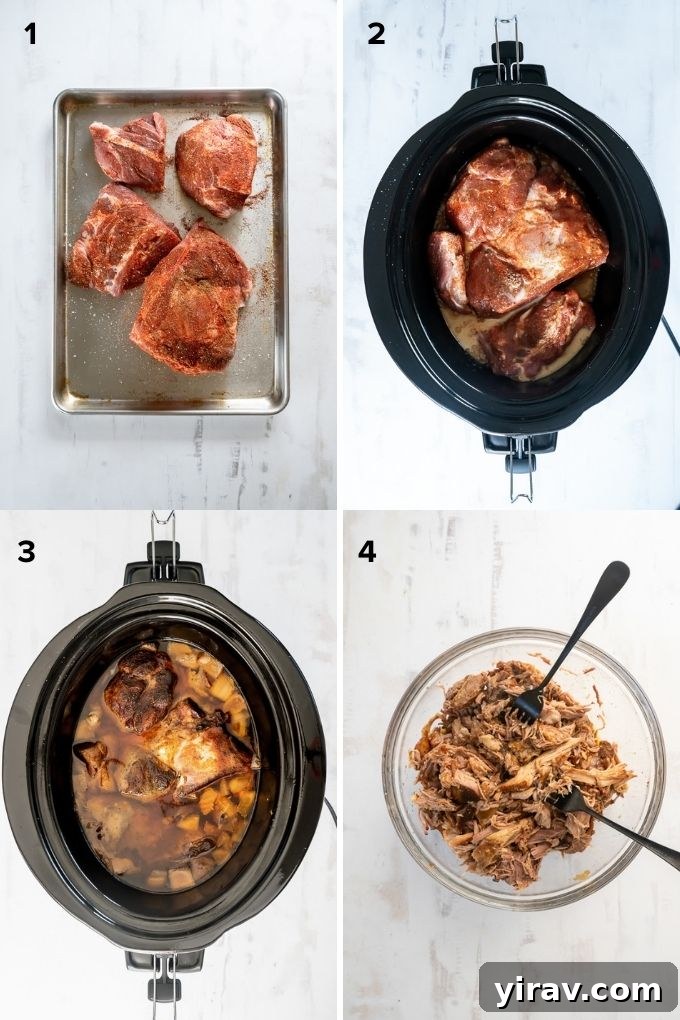 Steps showing how to prepare pulled pork in a slow cooker, from seasoning to cooking