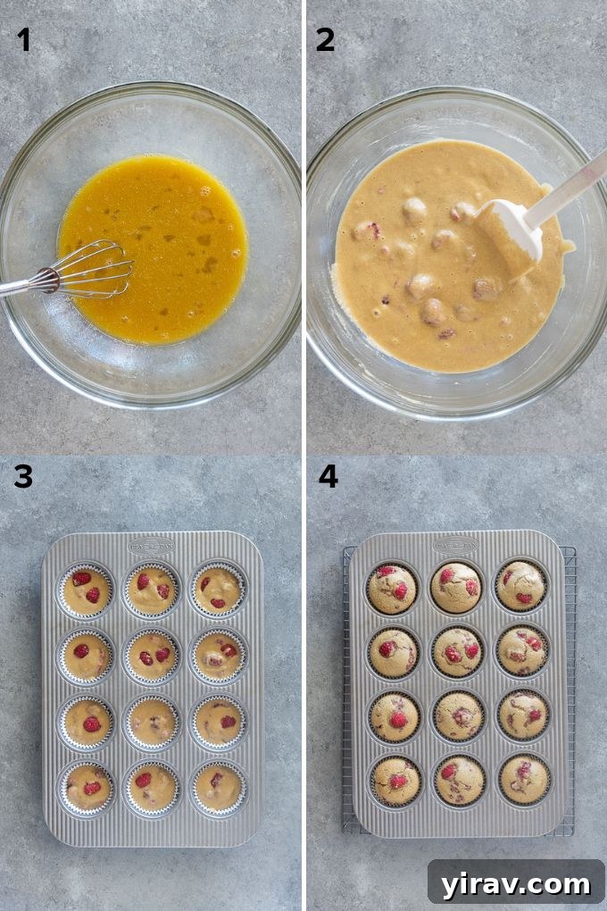 A step-by-step photo collage illustrating the process of making dairy-free and gluten-free raspberry muffins, from mixing ingredients to folding in berries.