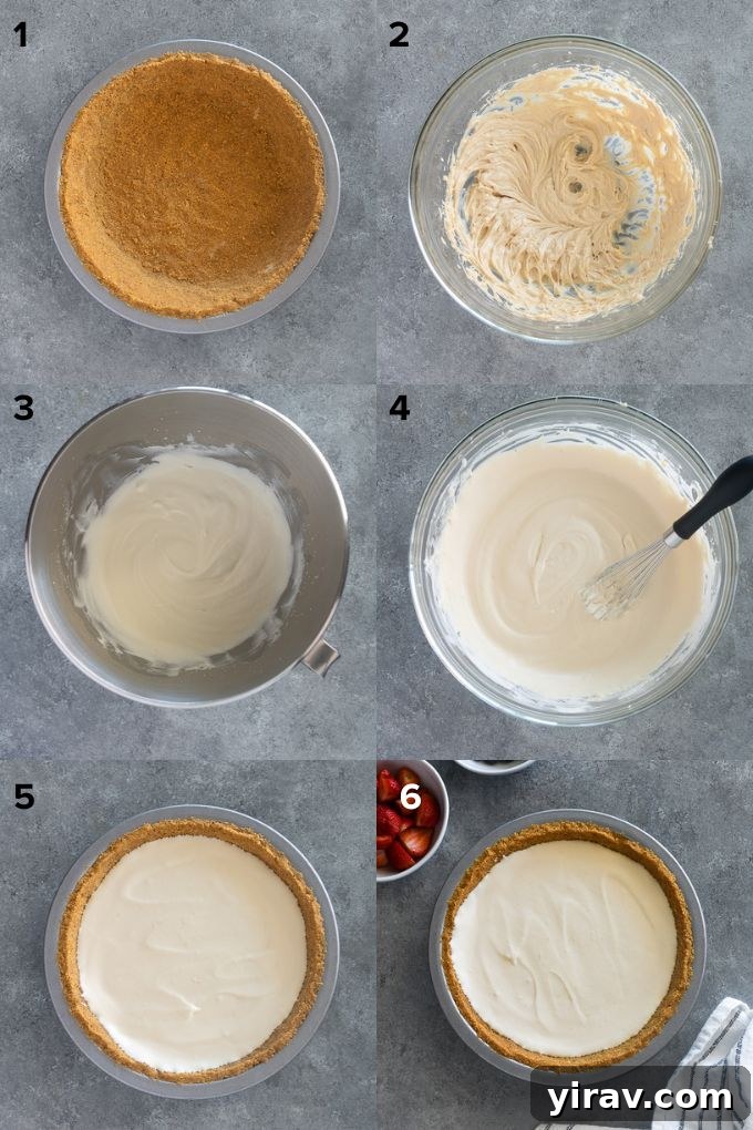 Step-by-step process of how to make easy no bake cheesecake