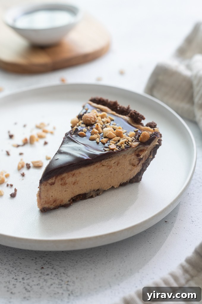 A perfectly sliced piece of chocolate peanut butter pie on a white plate, showcasing its distinct layers and appealing texture, with a serving spoon beside it.