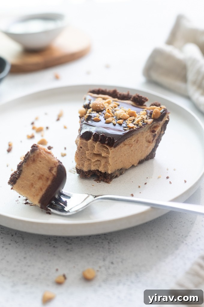 A close-up of a slice of peanut butter pie with a bite taken out, showing the creamy texture of the filling and the crunch of the crust.