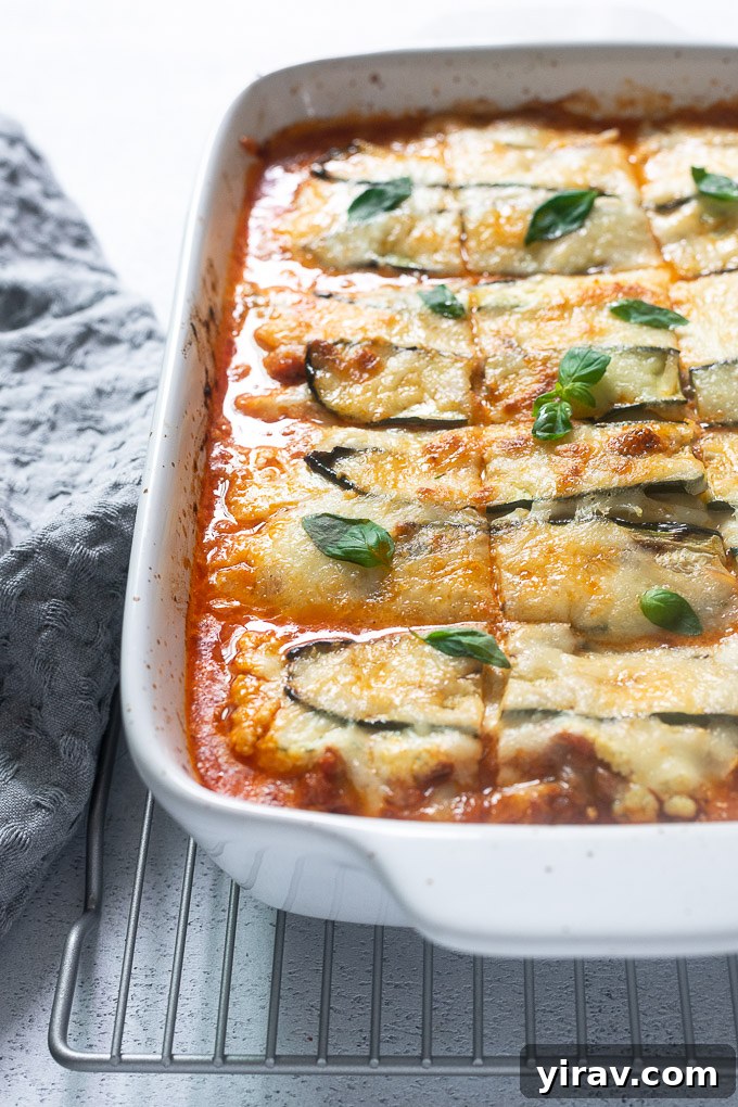 No-Noodle Zucchini Lasagna 3 Freshly baked zucchini lasagna cooling on a wire rack, garnished with fresh basil leaves.