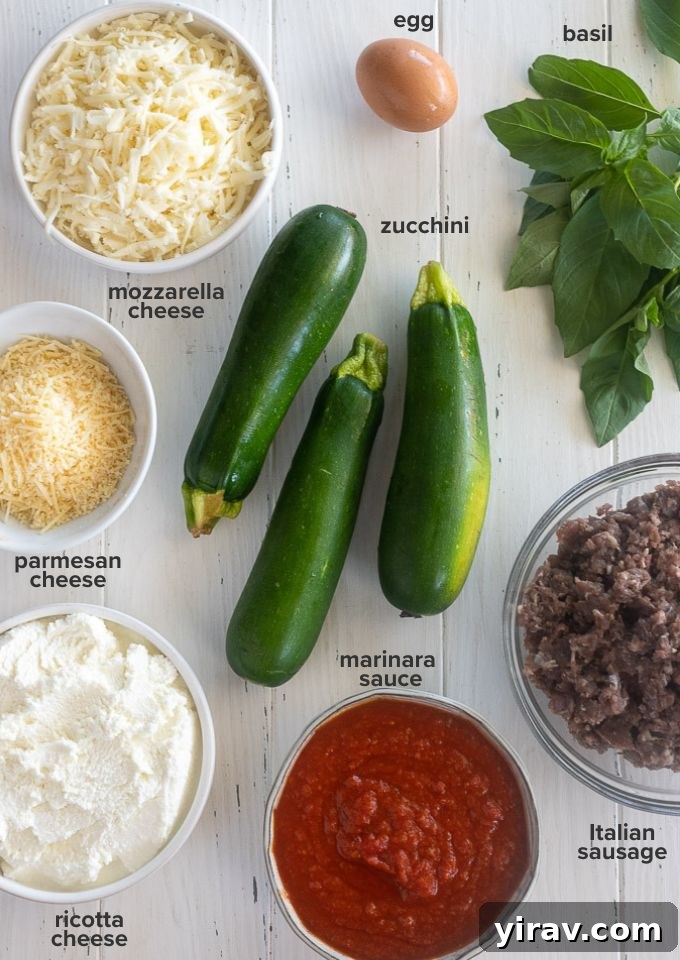 No-Noodle Zucchini Lasagna 4 A collage of all the fresh ingredients needed for Zucchini Lasagna, including zucchini, Italian sausage, cheeses, and herbs.