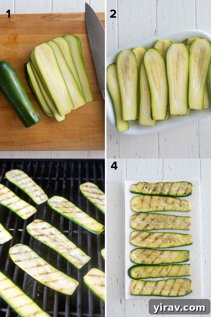 No-Noodle Zucchini Lasagna 5 Step-by-step images showing how to slice and grill zucchini for lasagna.