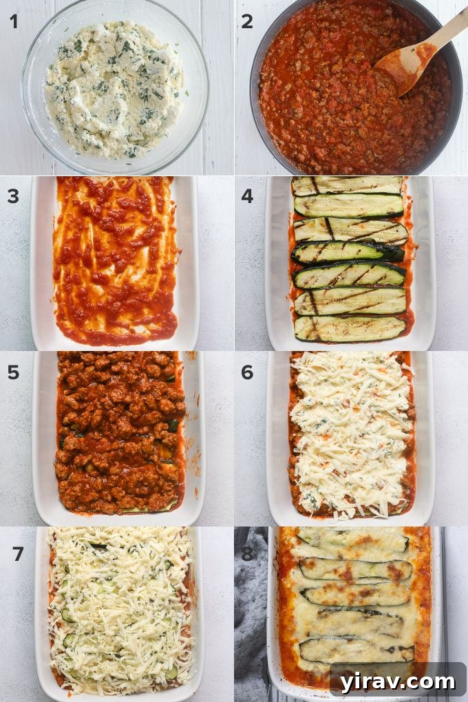 No-Noodle Zucchini Lasagna 6 Image demonstrating the assembly process of zucchini lasagna layers in a baking dish.