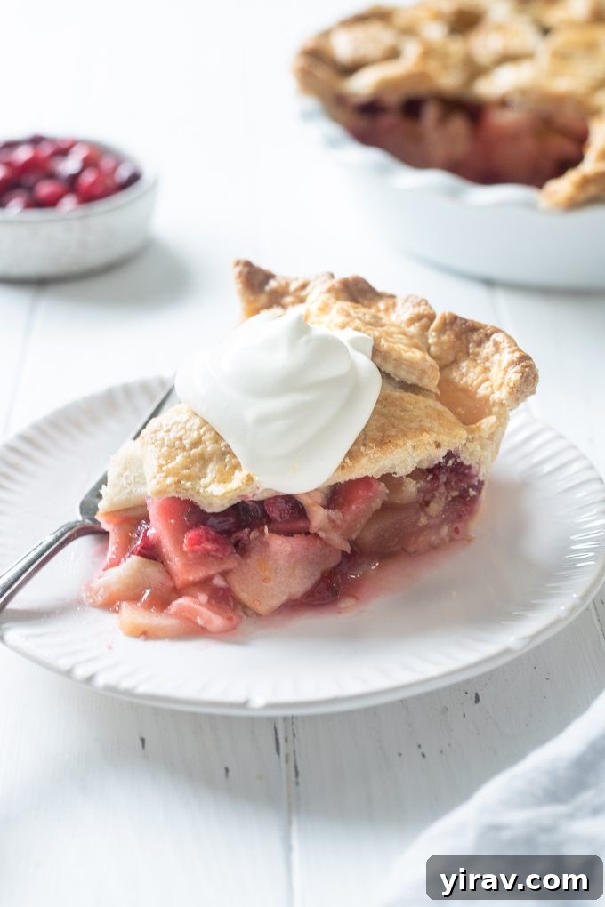 Slice of apple cranberry pie with whipped cream