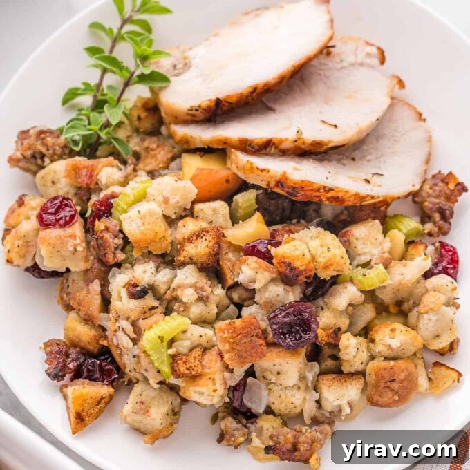 Apple sausage stuffing in a baking dish