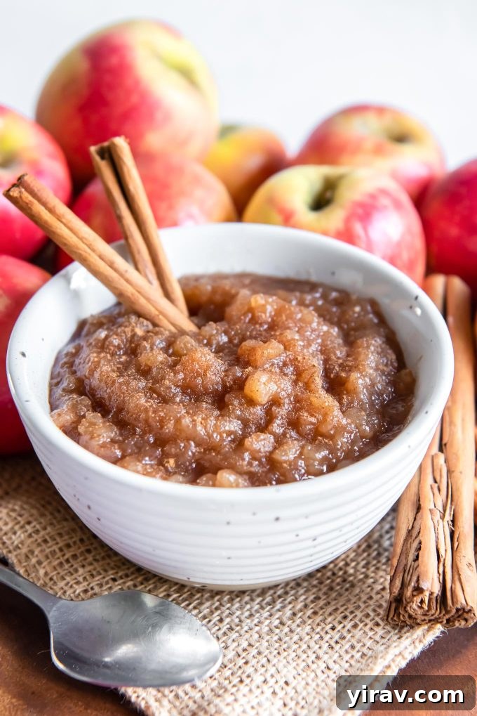 Homemade applesauce in a white bowl with cinnamon sticks