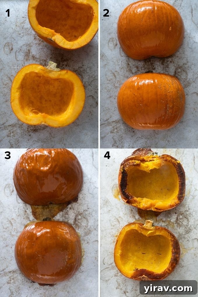 A step-by-step visual of how to roast pumpkin halves.