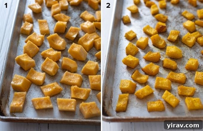A close-up of perfectly roasted pumpkin cubes, caramelized and tender.