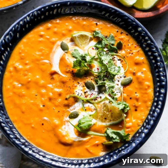 Spicy Pumpkin Red Lentil Soup in a bowl, vegan and one-pot