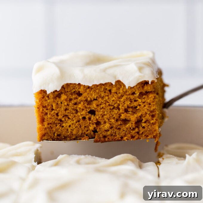 Slice of moist Pumpkin Cake with creamy cream cheese frosting