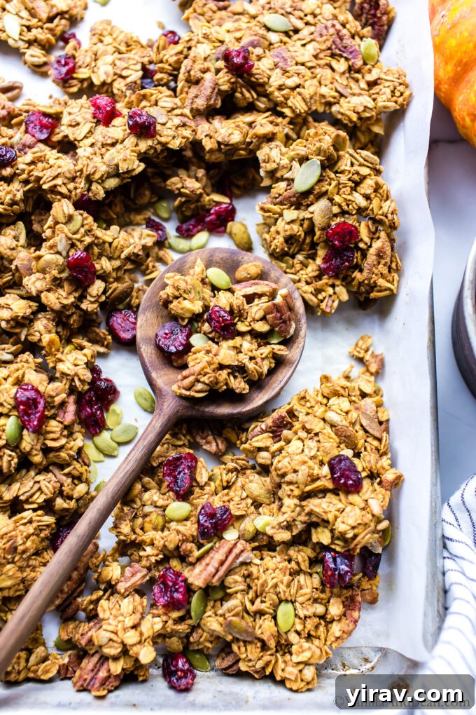 Homemade Pumpkin Granola with cranberries on a sheet pan
