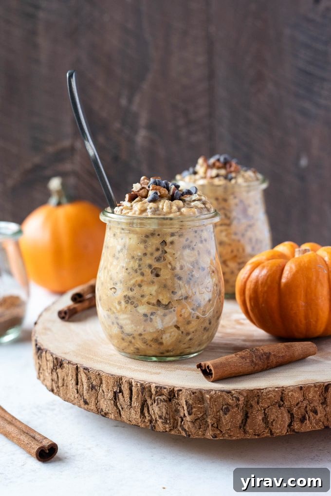 Pumpkin Overnight Oats in jars, ready for breakfast