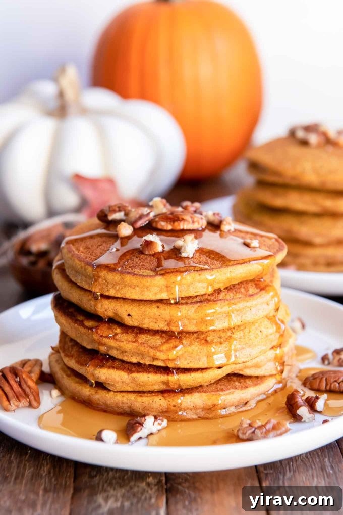 Stack of fluffy Whole Wheat Pumpkin Pancakes with pecans and maple syrup