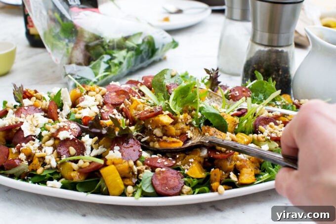 Roast Pumpkin Feta Salad with chorizo and pine nuts