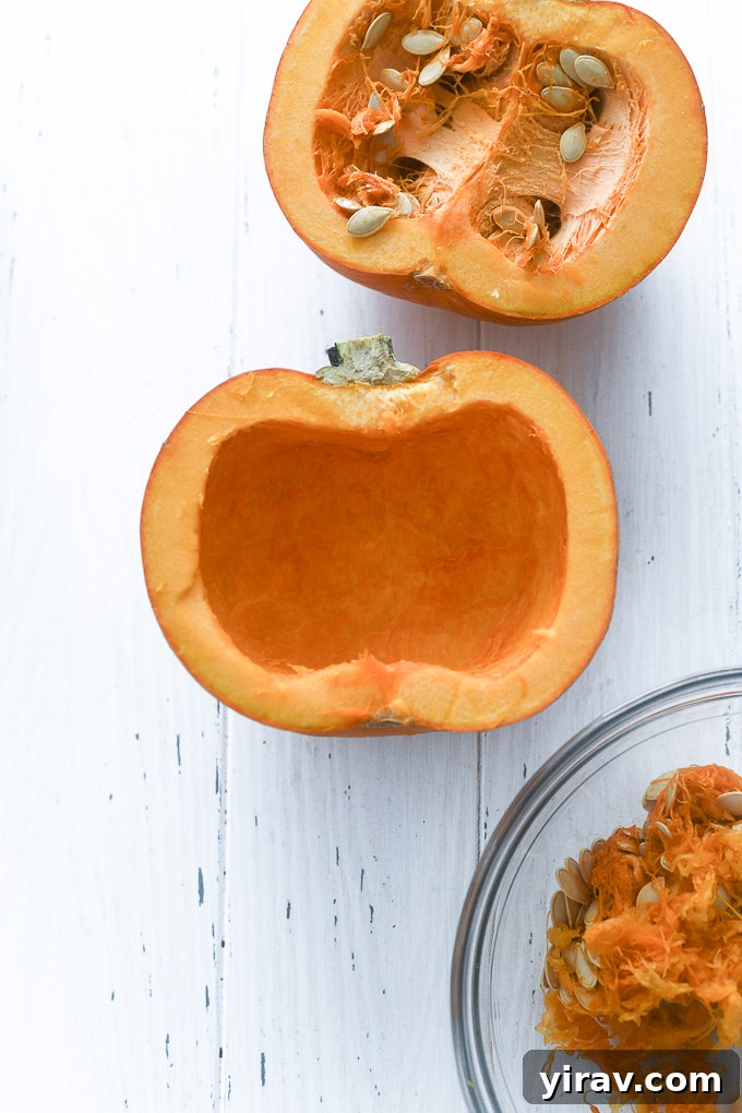 Halved pumpkin with seeds removed