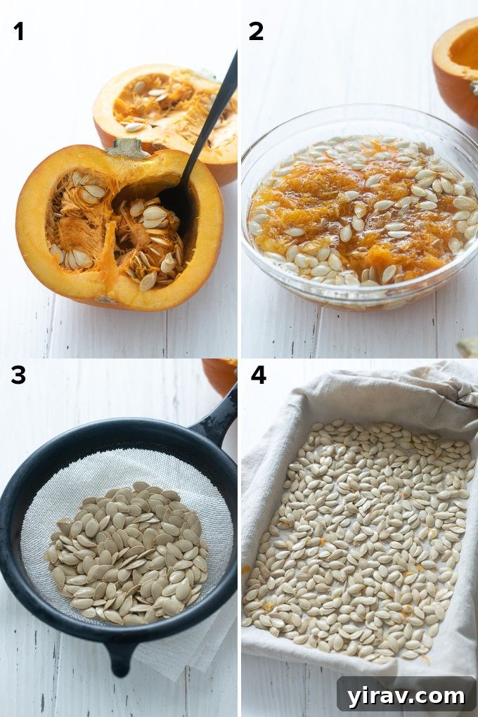 Detailed image showing the process of cleaning pumpkin seeds from pulp in a bowl of water.