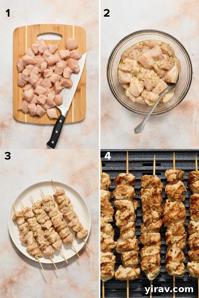 Steps for making Souvlaki chicken, showing marinated chicken being threaded onto skewers.