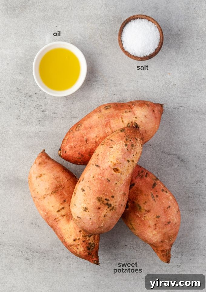 Simple ingredients for baked sweet potato recipe: sweet potatoes, olive oil, and salt