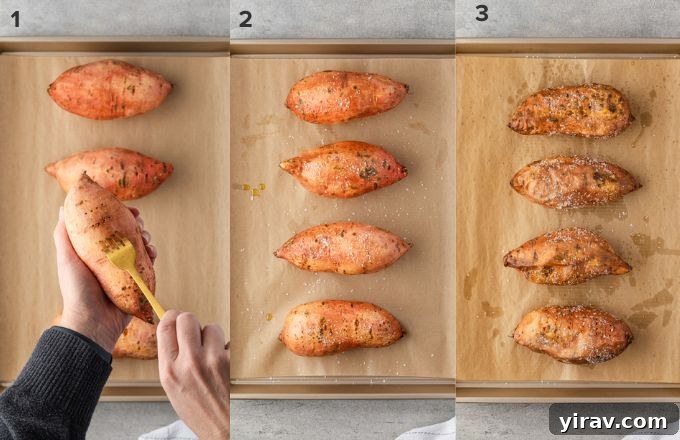 Step-by-step images showing how to prepare sweet potatoes for baking