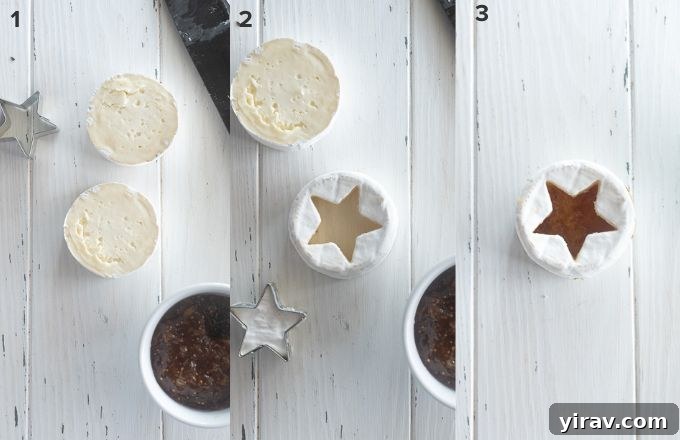Edible Evergreen Board 5 Step-by-step guide to making a star-shaped cheese topper for a charcuterie tree, using baby brie or camembert with a jam filling.