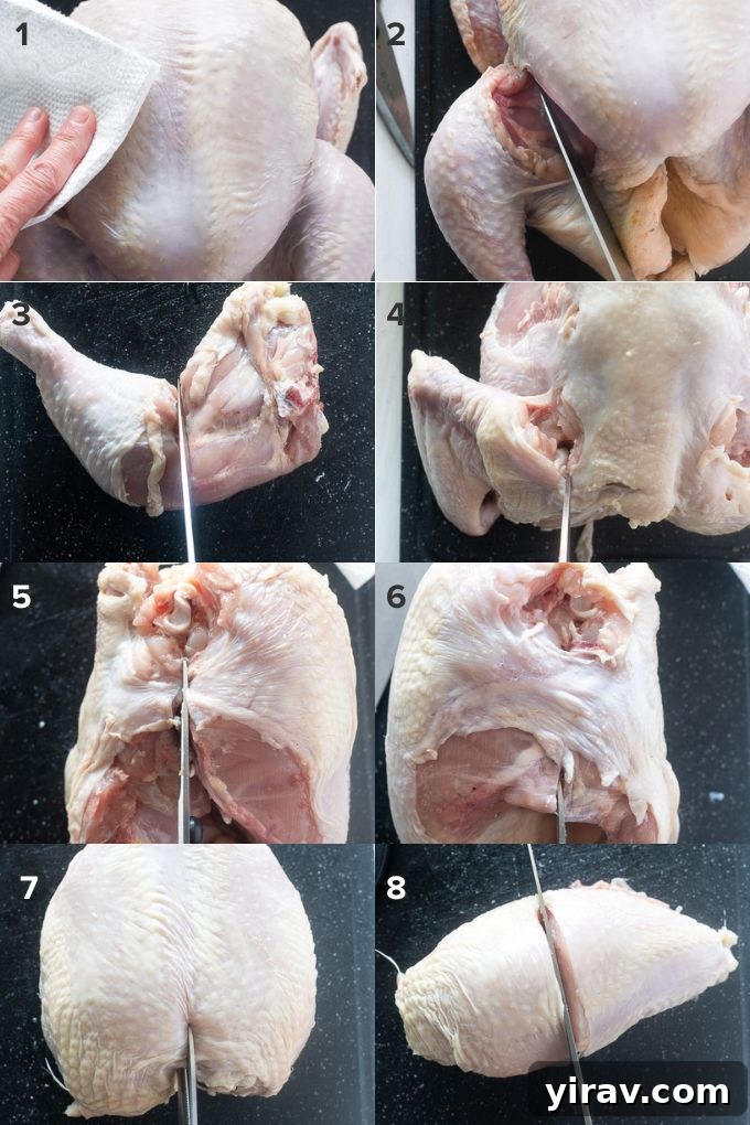 Detailed visual guide showing the initial steps of breaking down a whole chicken, from drying to separating the legs, providing clear instructions for aspiring home butchers.