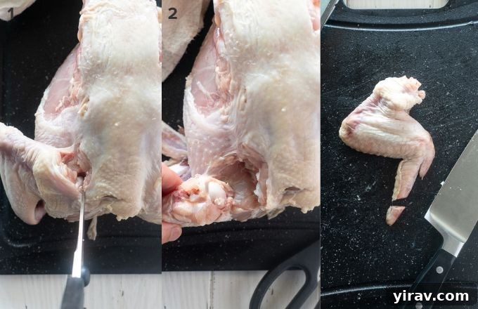 Illustrative steps for efficiently removing chicken wings using kitchen shears, with the chicken breast-side down for better joint access.