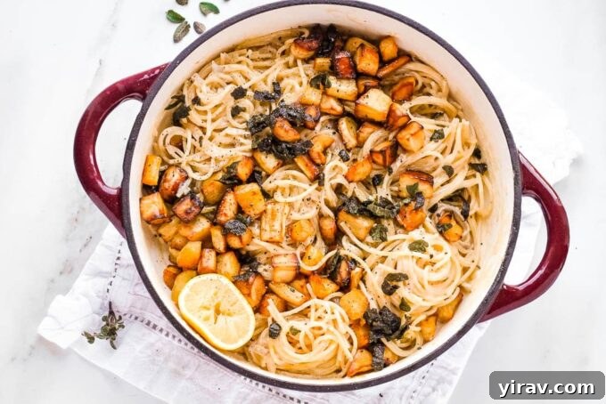 Creamy cheesy parsnip pasta with crispy sage leaves