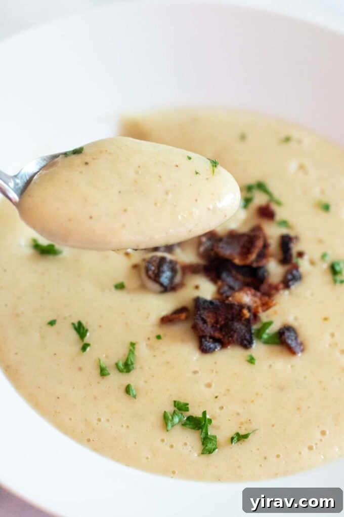 Creamy roasted parsnip and potato soup in a rustic bowl