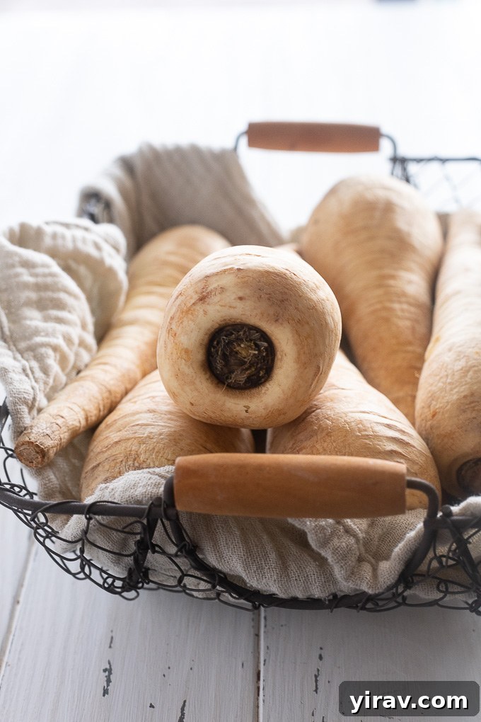 Close-up of parsnips in a basket lined with linen, emphasizing their rustic charm