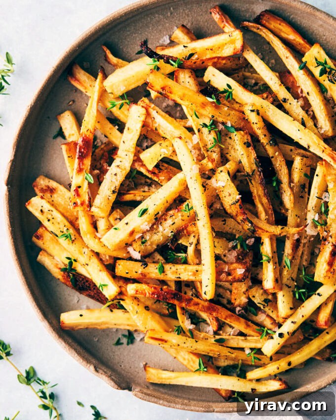 Golden brown parsnip shoestring fries served with a dipping sauce