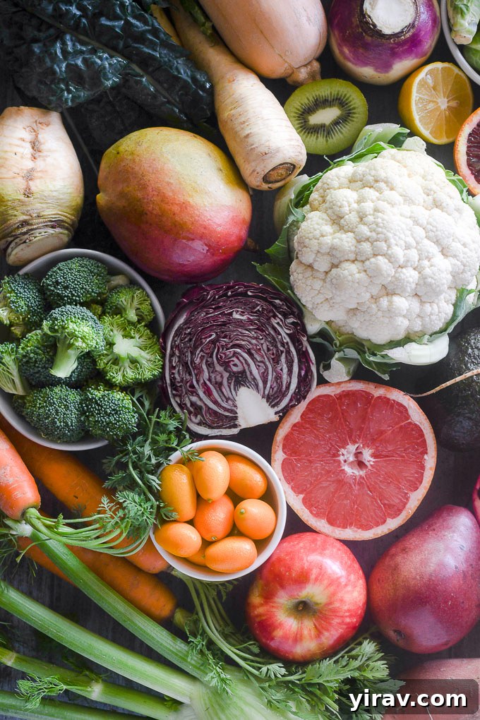 Winter season foods including Brussels sprouts, fennel, and pears
