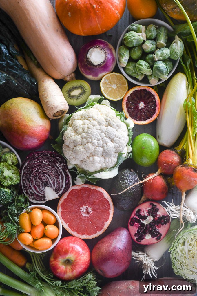 An array of various winter vegetables and fruits